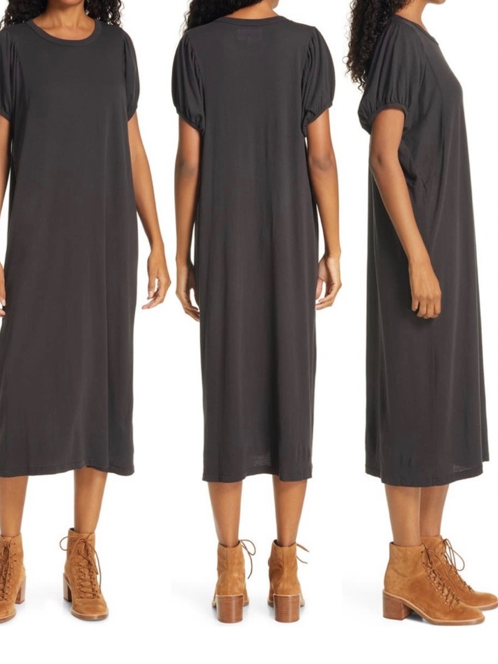 THE GREAT. Blue puff sleeve midi tshirt dress